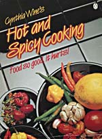 Cover of cookbook, CYNTHIA WINE'S HOT AND SPICY COOKING, with a photograph of plates of hot peppers and garlic