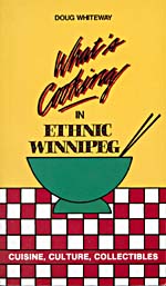 Cover of cookbook, WHAT'S COOKING IN ETHNIC WINNIPEG, with an illustration of a green bowl and chopsticks on a red and white checkered tablecloth