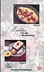 Page 13 of cookbook, TOUT SUR LES CANNEBERGES, with part of an illustrated table of contents showing photographs of veal scallop with cranberries and pineapple-cranberry bread