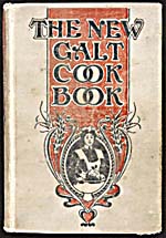 Cover of cookbook, THE NEW GALT COOK BOOK, featuring an illustration, in an orange frame surrounded by stalks of wheat, of a woman carrying a loaf of bread