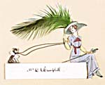 Handmade dinner card with an illustration of a seated woman in a long mauve dress and wide feathered hat, holding a dog on a leash. The card is inscribed MR. O.C. CAMPBELL