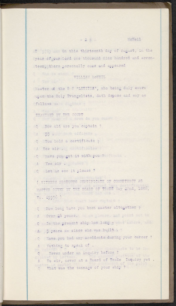 Wrecks, Casualties and Salvage - Formal Investigations - S.S. LETITIA