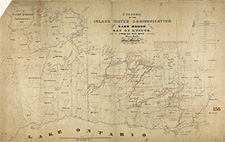 Carte intitulée DIAGRAM OF THE INLAND WATER COMMUNICATION FROM LAKE HURON TO THE BAY OF QUINTE WITH THE COBOURG RAIL ROAD CONNECTING RICE LAKE WITH LAKE ONTARIO, 1866