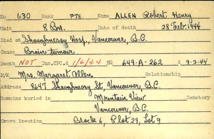 Title: Veterans Death Cards: First World War - Mikan Number: 46114 - Microform: allen_robert-h