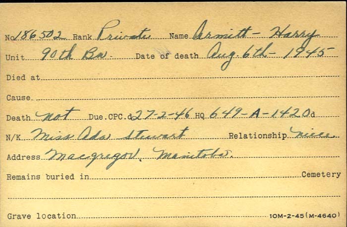 Title: Veterans Death Cards: First World War - Mikan Number: 46114 - Microform: armitt_harry