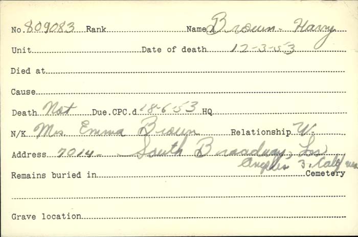 Title: Veterans Death Cards: First World War - Mikan Number: 46114 - Microform: brown_harry