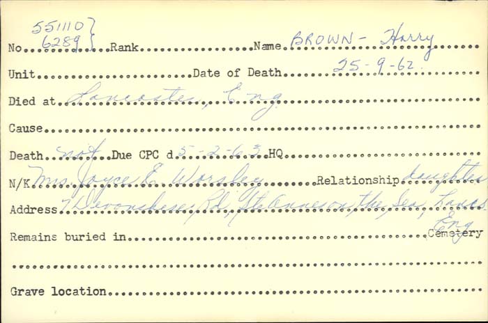 Title: Veterans Death Cards: First World War - Mikan Number: 46114 - Microform: brown_harry