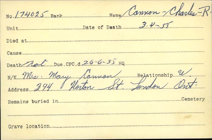 Title: Veterans Death Cards: First World War - Mikan Number: 46114 - Microform: cannon_charles