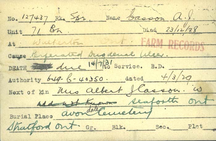 Title: Veterans Death Cards: First World War - Mikan Number: 46114 - Microform: casson_a-j