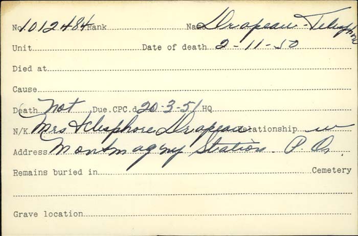 Title: Veterans Death Cards: First World War - Mikan Number: 46114 - Microform: dobson_alan