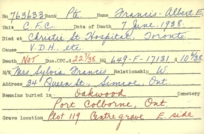 Title: Veterans Death Cards: First World War - Mikan Number: 46114 - Microform: francis_albert-e