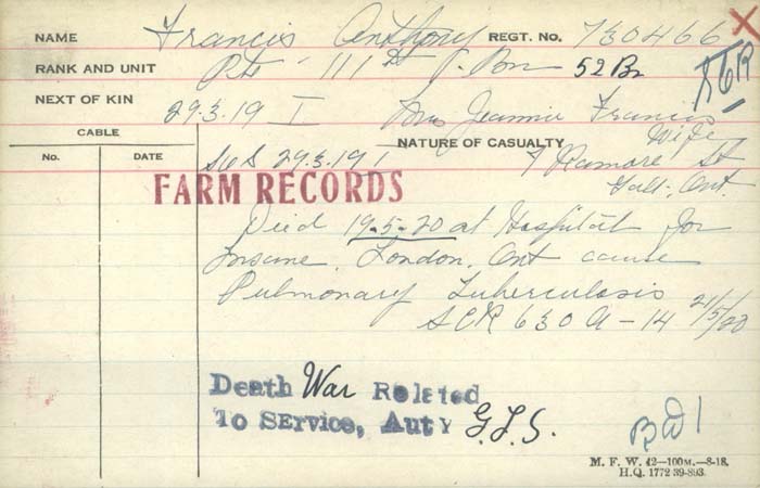 Title: Veterans Death Cards: First World War - Mikan Number: 46114 - Microform: francis_albert-e