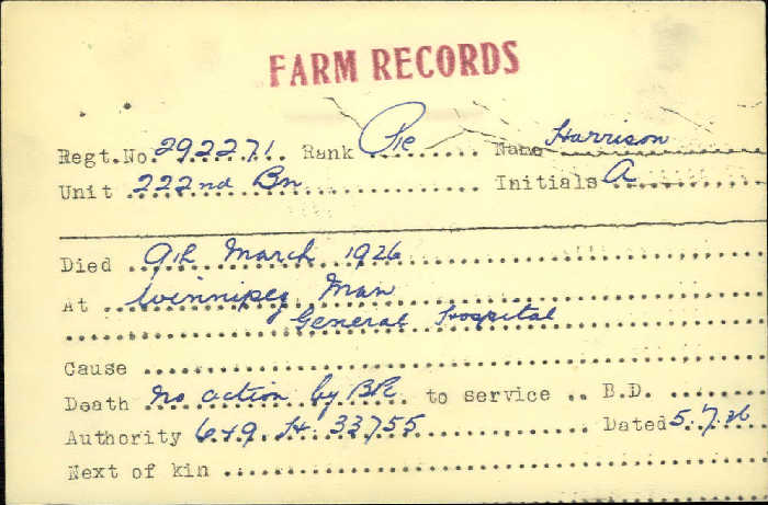 Title: Veterans Death Cards: First World War - Mikan Number: 46114 - Microform: harrison_a