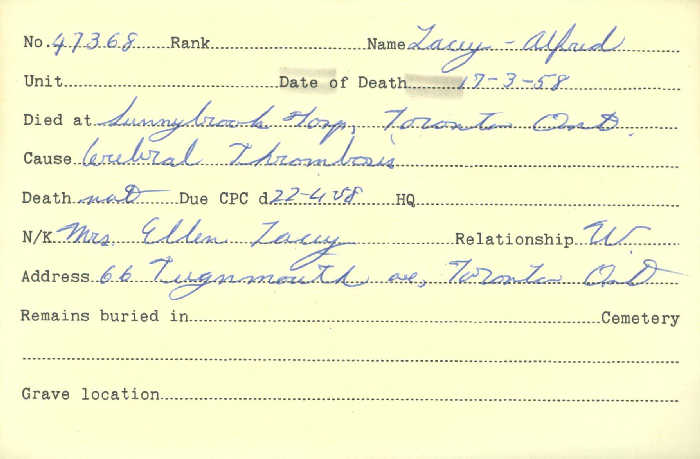 Title: Veterans Death Cards: First World War - Mikan Number: 46114 - Microform: lacey_a