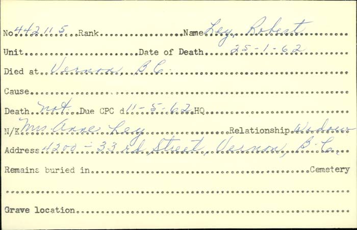 Title: Veterans Death Cards: First World War - Mikan Number: 46114 - Microform: ley_a