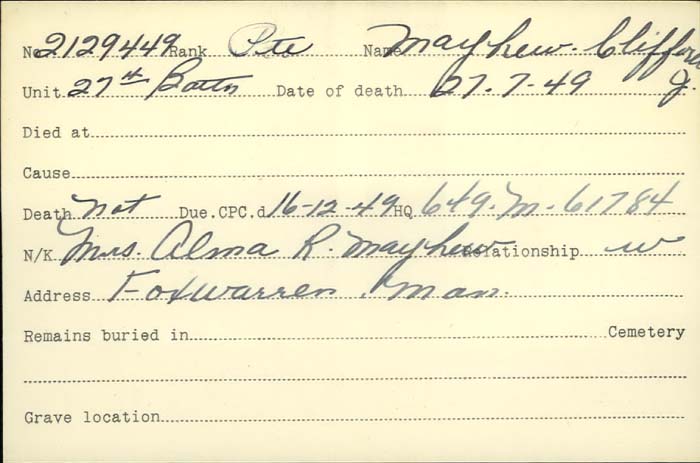 Title: Veterans Death Cards: First World War - Mikan Number: 46114 - Microform: mayhew_athol