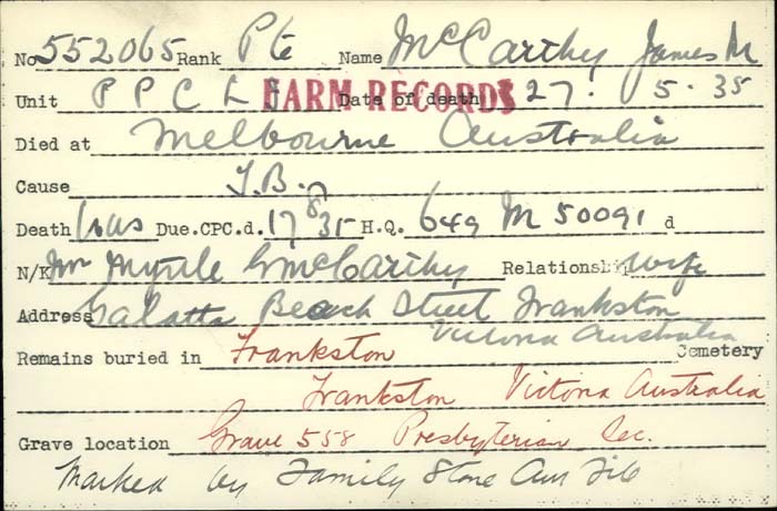 Title: Veterans Death Cards: First World War - Mikan Number: 46114 - Microform: mccarthy_j