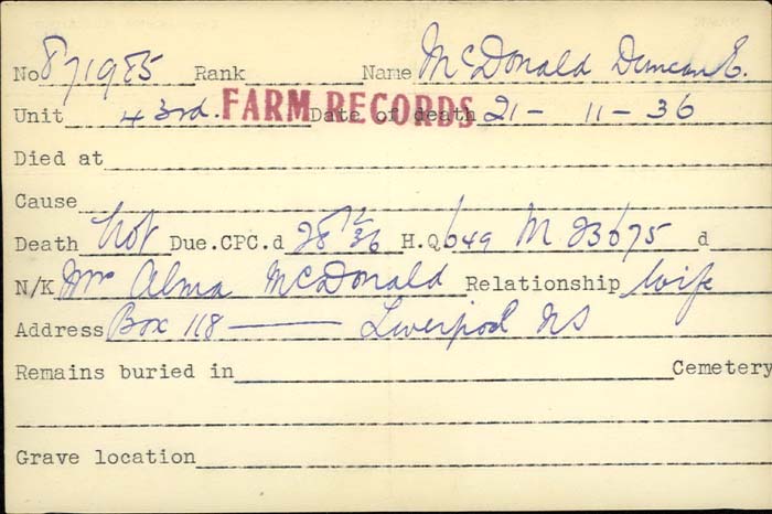 Title: Veterans Death Cards: First World War - Mikan Number: 46114 - Microform: mccarthy_j