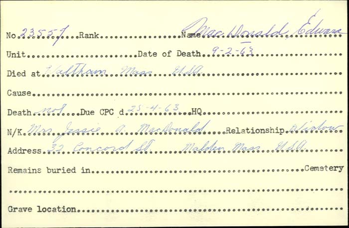 Title: Veterans Death Cards: First World War - Mikan Number: 46114 - Microform: mcdonald_e-b