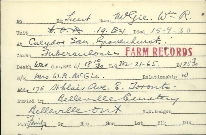 Title: Veterans Death Cards: First World War - Mikan Number: 46114 - Microform: mcgibney_r