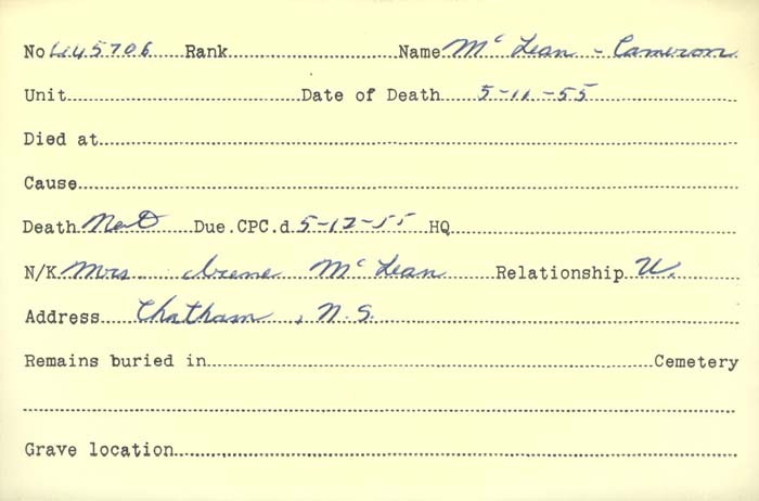 Title: Veterans Death Cards: First World War - Mikan Number: 46114 - Microform: mclean_b