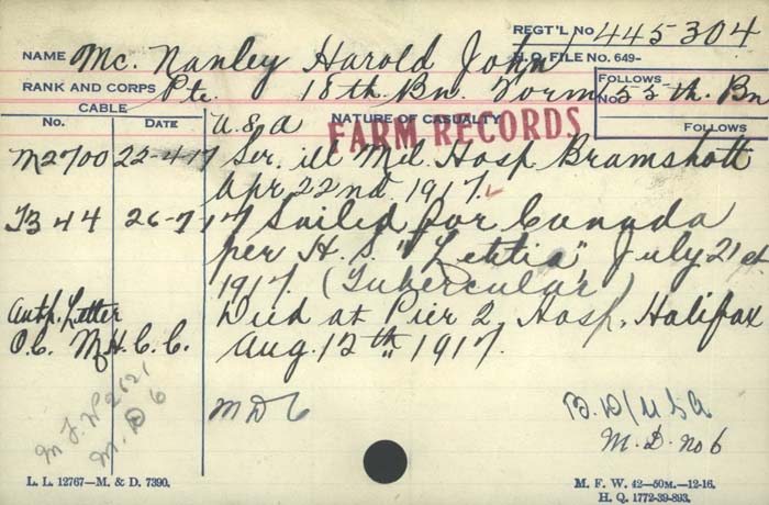 Title: Veterans Death Cards: First World War - Mikan Number: 46114 - Microform: mcnamee_m