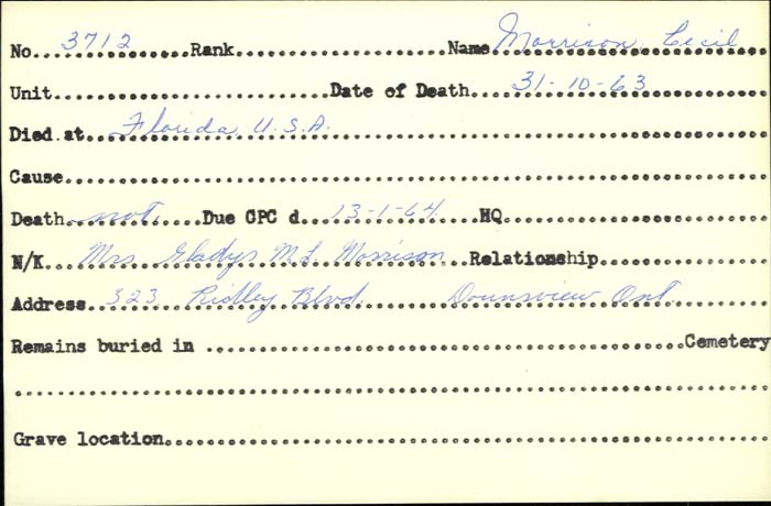 Title: Veterans Death Cards: First World War - Mikan Number: 46114 - Microform: morrison_b
