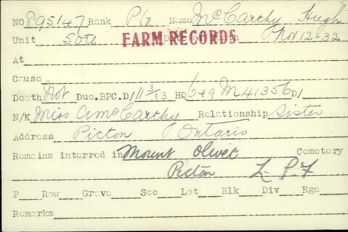 Title: Veterans Death Cards: First World War - Mikan Number: 46114 - Microform: murphy_g