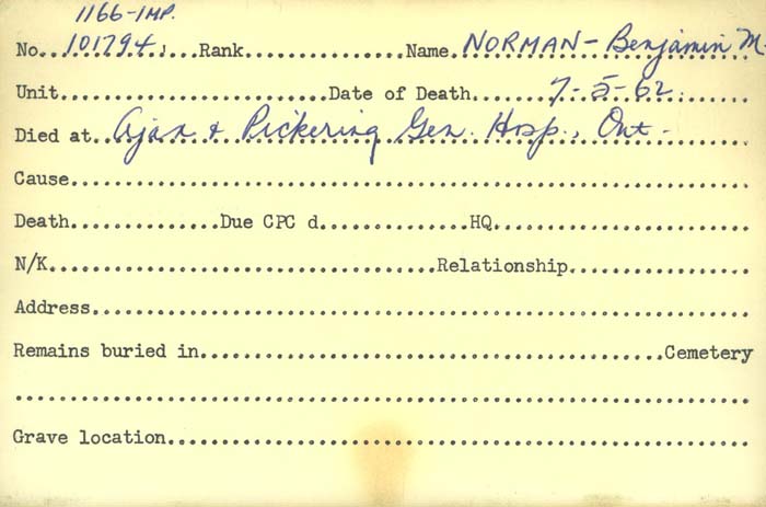 Title: Veterans Death Cards: First World War - Mikan Number: 46114 - Microform: norman_benjamin