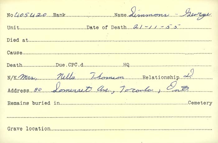 Title: Veterans Death Cards: First World War - Mikan Number: 46114 - Microform: simmons_g