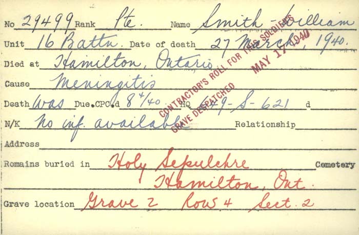 Title: Veterans Death Cards: First World War - Mikan Number: 46114 - Microform: smith_c