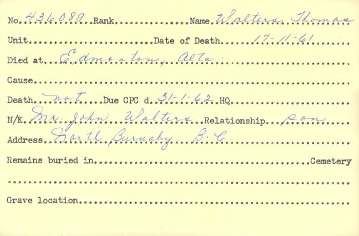 Title: Veterans Death Cards: First World War - Mikan Number: 46114 - Microform: vines_h