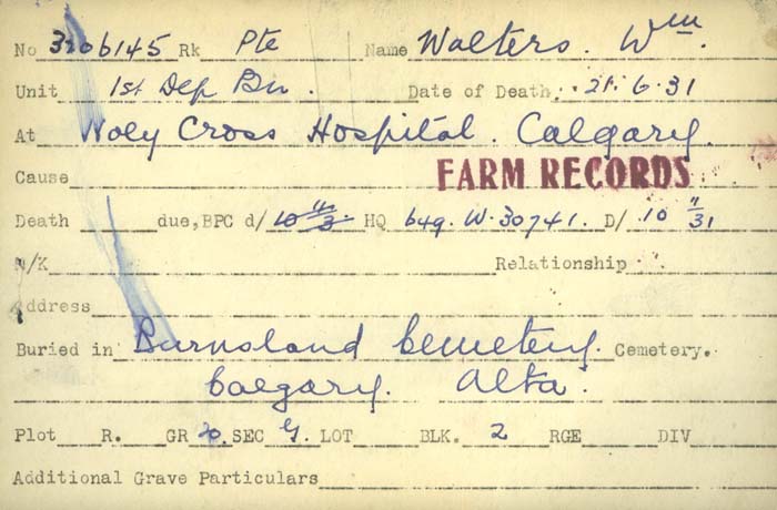 Title: Veterans Death Cards: First World War - Mikan Number: 46114 - Microform: walters_w