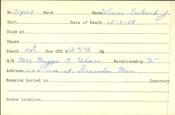 Title: Veterans Death Cards: First World War - Mikan Number: 46114 - Microform: wear_j