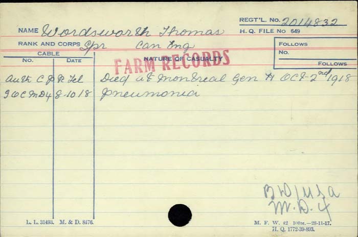 Titre : Cartes de dcs des combattants : Premire Guerre mondiale - N d'enregistrement Mikan : 46114 - Microforme : wordsworth_t