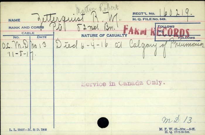 Title: Veterans Death Cards: First World War - Mikan Number: 46114 - Microform: wordsworth_t