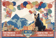 Affiche en couleurs présentant les produits du Canada dans un décor de fête avec ballons et cadeaux et mettant en évidence les armoiries du Canada et des symboles du pays tels que les pommes, un ours et, en arrière-plan, les Rocheuses. Le texte se lit comme suit : THE PRODUCE OF THE HOME COUNTRY CROWNS THE CHRISTMAS FEAST.