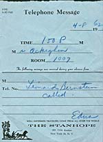 Telephone message FOR MR. OCKEGHEM from Leonard Bernstein, 1962