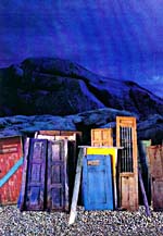 Collage of doors piled in front of a mountain, by Joan McCrimmon Hebb
