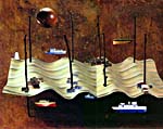 Collage with model boats and houses, by Joan McCrimmon Hebb